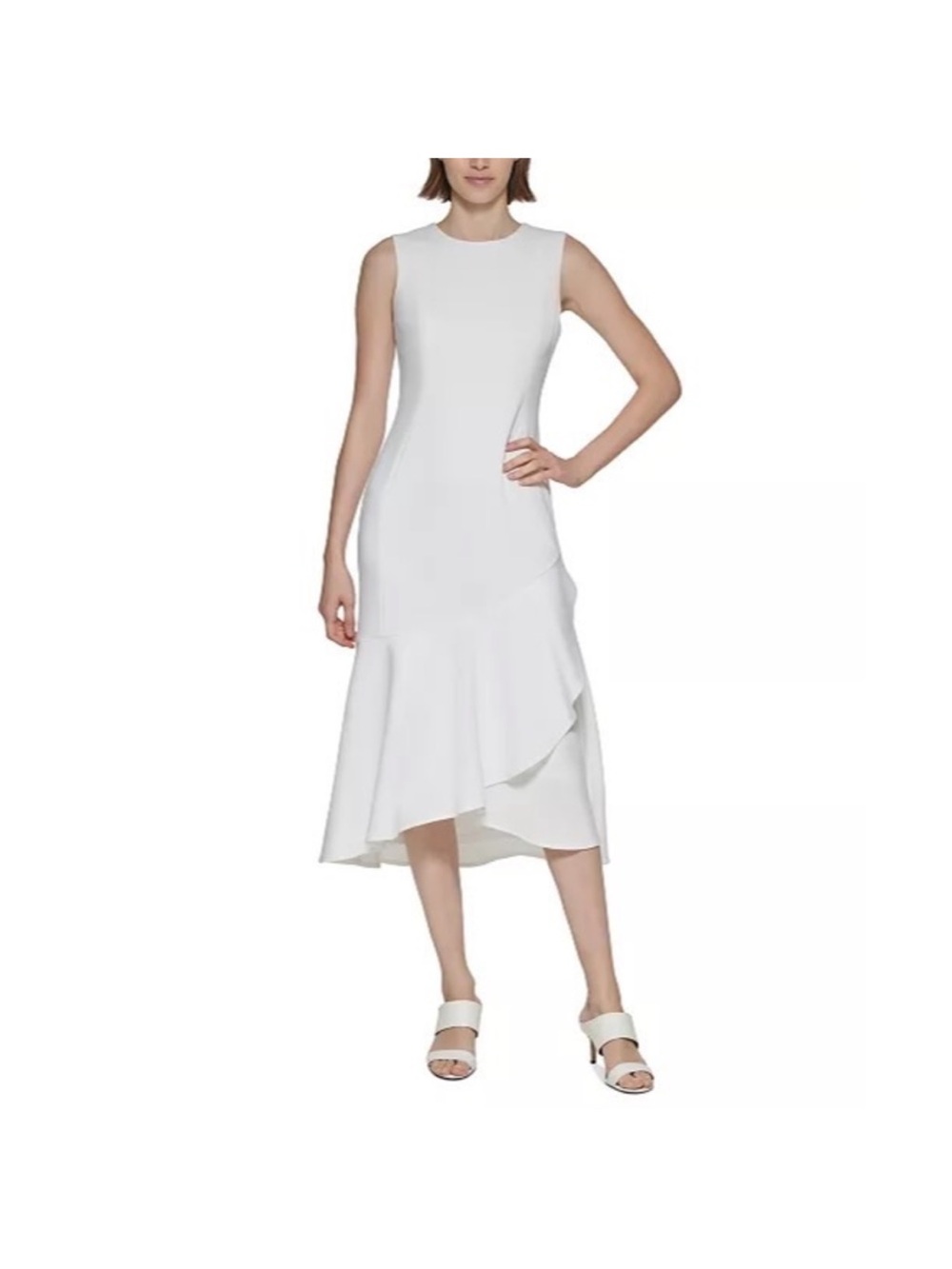 Calvin Klein Sleeveless White Asymmetrical Hem Midi Dress